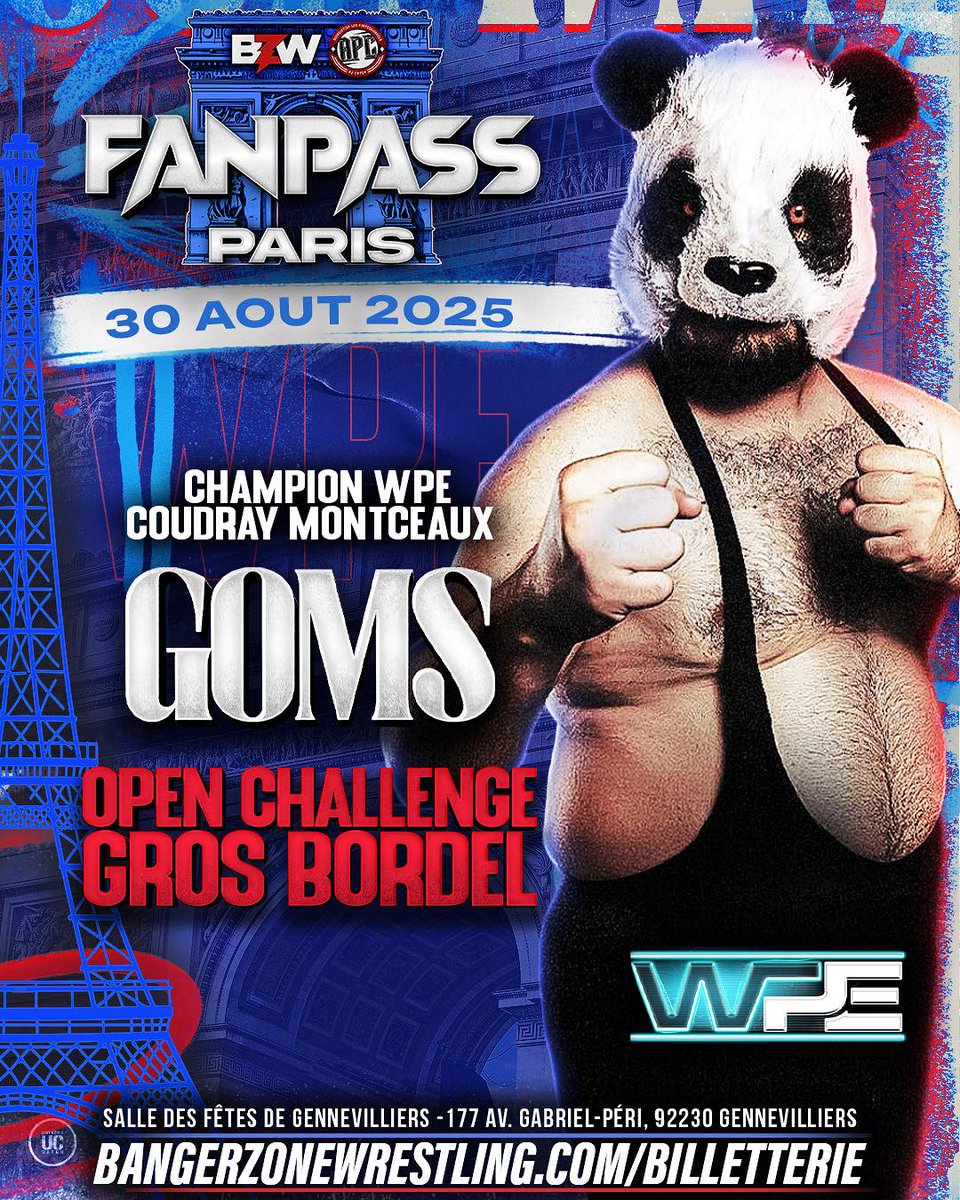 Banger Zone Wrestling a annoncé pour le FAN PASS qui aura lieu le 30 aout avec APC à la salle des fêtes de Gennevilliers un OPEN CHALLENGE GROS BORDEL pour le titre Champion WPE Coudray Montceaux

Goms est l'actuel champion

La billetterie est toujours ouverte