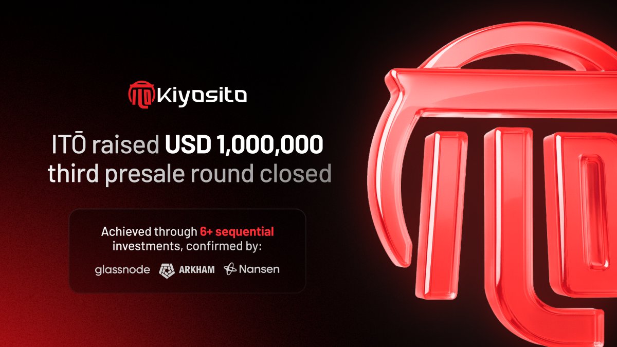 Kiyosito's tweet photo. ITŌ’s 3rd presale successfully closed $1M raised

Our blockchain analysis revealed more than 6 sequential investments that closed the round.

Part of these entries were tracked through @nansen_ai, @arkham and @glassnode

Another major step forward for ITŌ https://t.co/tdMUTtCWSB