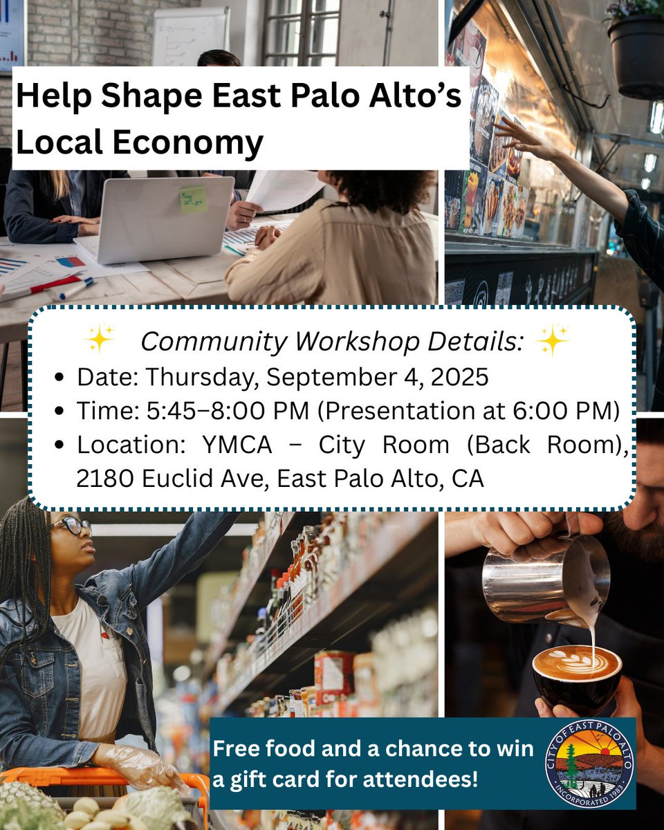 Join us for a workshop on EPA's Local Economy: Sept. 4, 5:45 – 8:00 PM at EPA's YMCA, City Room (2180 Euclid Ave, East Palo Alto, CA). Free food &amp; a chance to win a gift card! Learn more: ayrs.io/9lkRAE