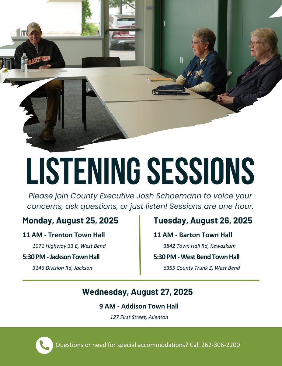 📢 Washington County residents - You're Invited! Join County Executive Josh Schoemann at an upcoming Listening Session.  #CommunityEngagement