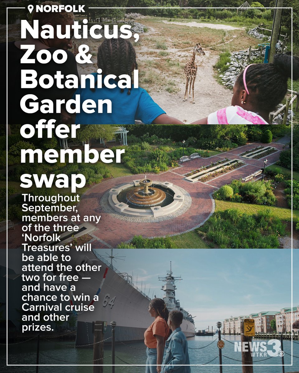 Three "Norfolk Treasures" — downtown's Nauticus maritime museum, the Virginia Zoo, and the Norfolk Botanical Garden — are allowing members to swap throughout the month of September.

wtkr3.co/3HJOxDD