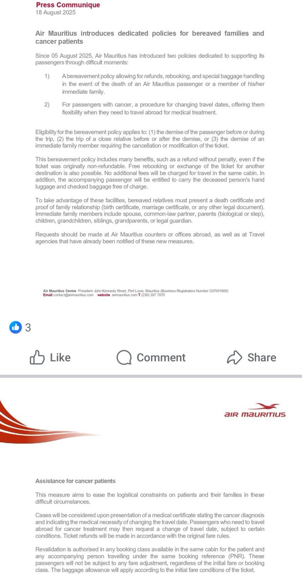 Margalso's tweet image. Well done, Air Mauritius, for posting this new policy for passengers with cancer. I'm not sure why you have blocked me, though?
