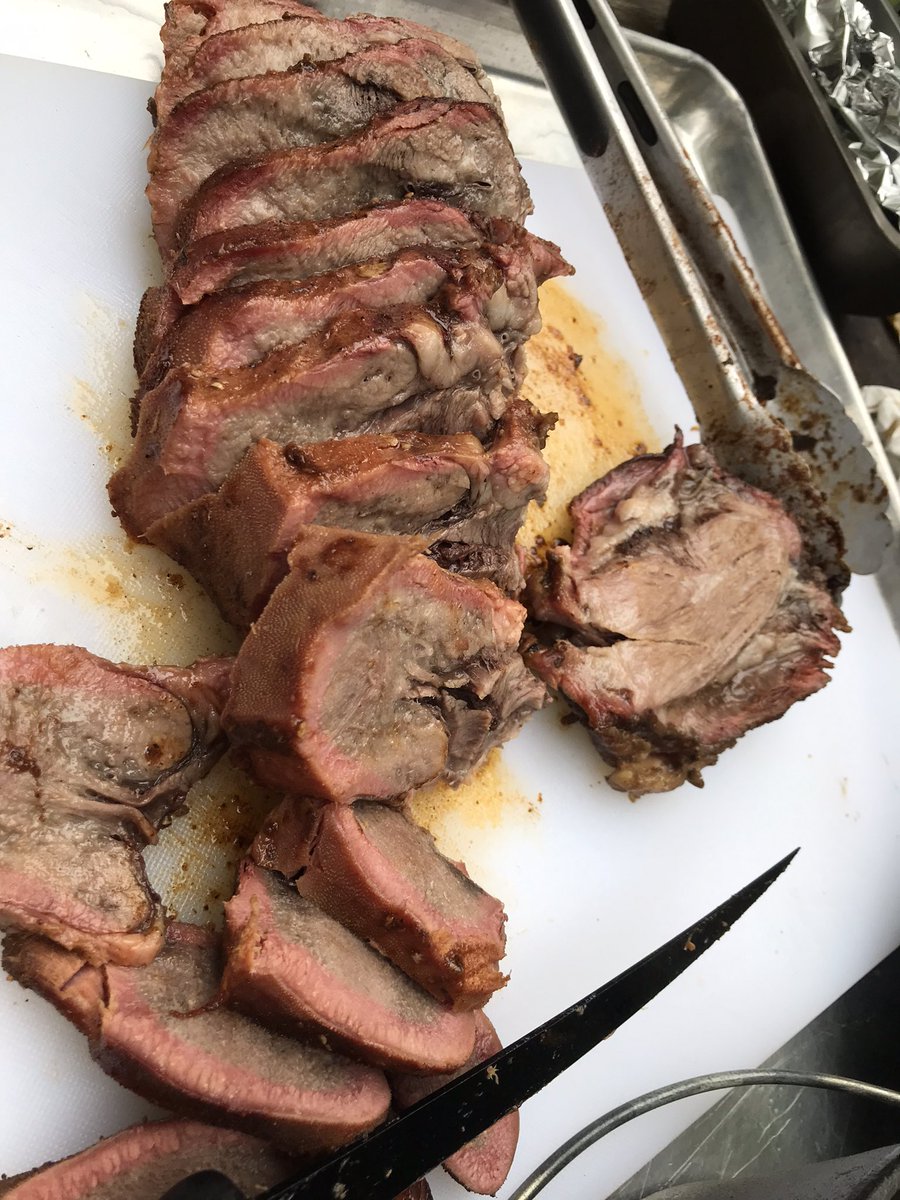 Scott_Maroney's tweet photo. Beef tongue boiled two hours.  Seasoned with a beef rub cooked  on reverse flow smoker with cherry and hickory.   Pulled at internal 203F.  #BBQ #beeftongue #Cookwithfire https://t.co/eBrFt2BAp6