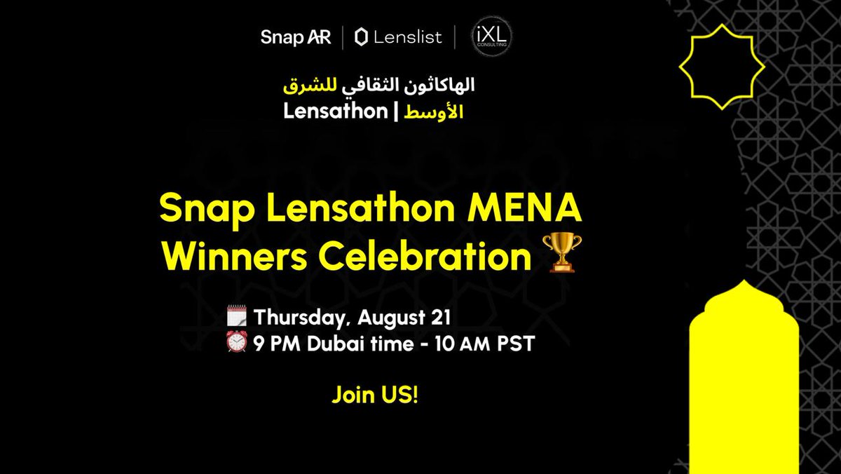 🚀The wait is over!
Join us for the Snap Lensathon MENA Celebration – a special online event spotlighting the region’s top Lens Creators
📅Thursday, Aug 21 , 9 PM Dubai Time 
📍youtube.com/live/YmJCOJwfM…
✨Community showcases &amp; honorable mentions
✨Winners revealed
#LensathonMENA