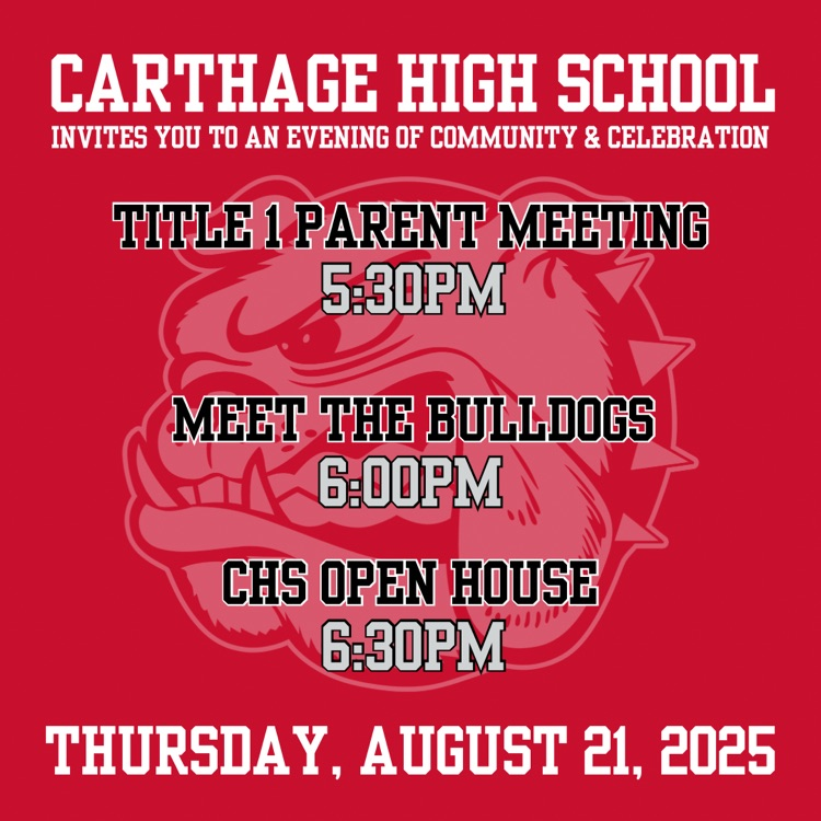 🎉 Bulldog Family, you’re invited! 🐾

Join us this Thursday, Aug. 21 at CHS:

🕠 Title I Parent Meeting – 5:30
🐶 Meet the Bulldogs – 6:00
🏫 Open House – 6:30

Let’s kick off the year with Bulldog Pride! ❤️🤍

#BetterAsABulldog #GoDawgs