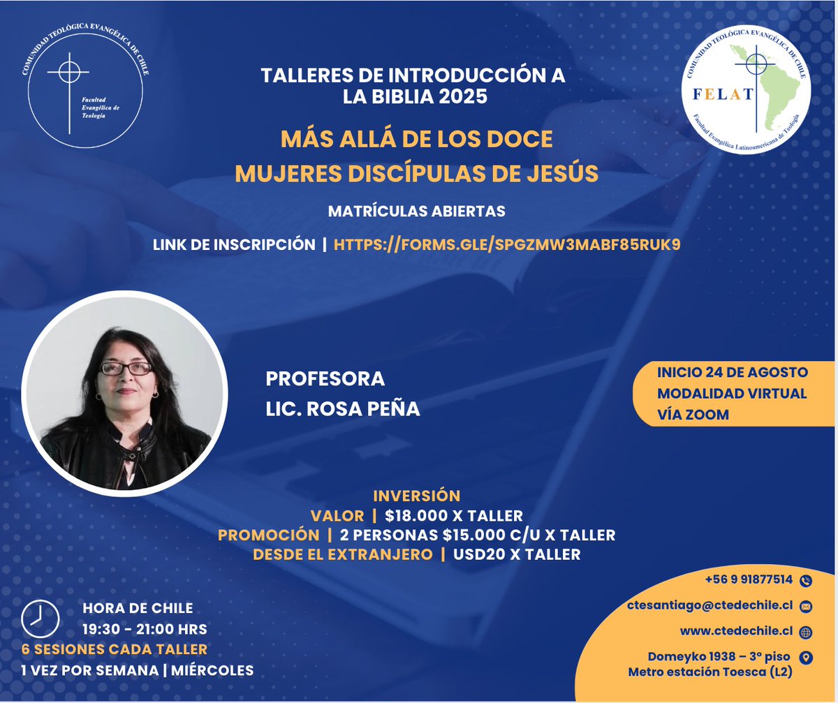 Estamos promoviendo este interesante y valioso Taller Bíblico: "Más allá de los Doce. Mujeres discípulas de Jesús". La profesora Rosa Peña, es también pastora y con un lindo trabajo en la Región del Bio Bio.
Para inscribirse ingrese a este link:
forms.gle/SPgZMw3MAbf85r…