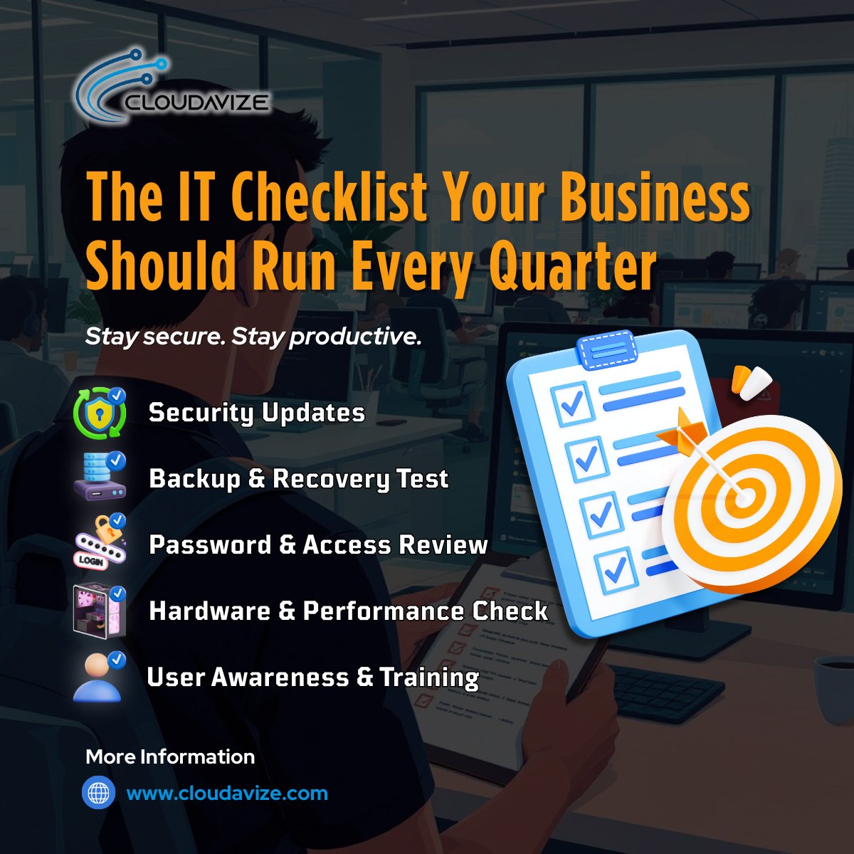 cloudavize's tweet image. Small IT issues can turn into big costs.
Run this quarterly IT checklist 👇
✔ Security updates
✔ Test backups
✔ Review access
✔ Check devices
✔ Train your team
👉 Stay proactive, not reactive.
Learn more: cloudavize.com
#CyberAwareness #ITChecklist #BusinessSecurity
