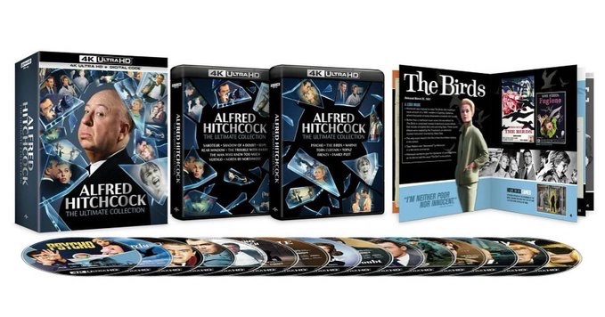 Coming to 4K UHD Via Universal on 10/14

Alfred Hitchcock: The Ultimate Collection

Rope 
Saboteur 
Shadow of a doubt 
Rear Window 
The Trouble with Harry
The Man who knew too much 
Vertigo 
North by northwest 
Psycho 
Birds 
Marnie 
Torn curtain 
Topaz 
Family plot 
Frenzy