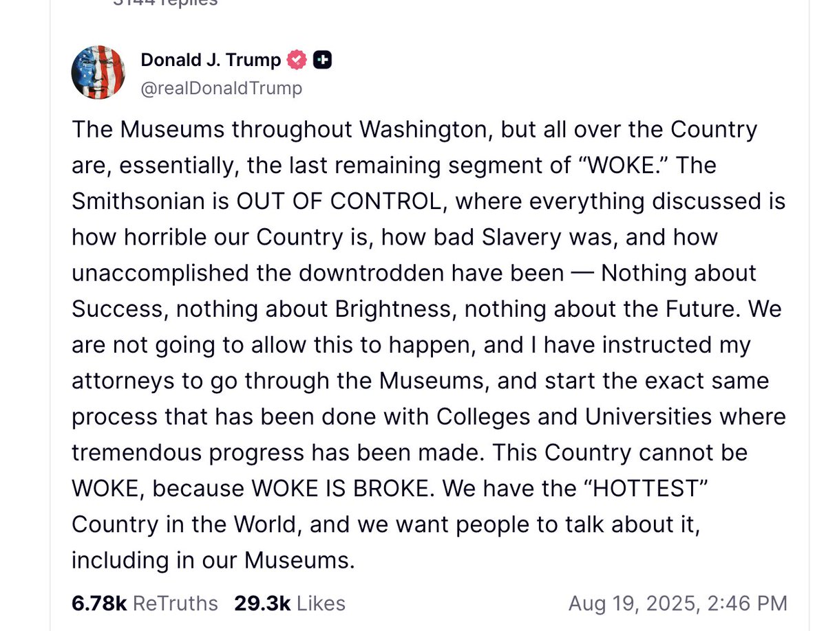 Trump criticized US museums for talking about how bad slavery was &amp; not emphasizing "Brightness"

In his outrageous attempts to rewrite history, how will he "brighten up" a museum like the Nat'l Museum of African American History &amp; Culture? Talk about how pretty plantations were?