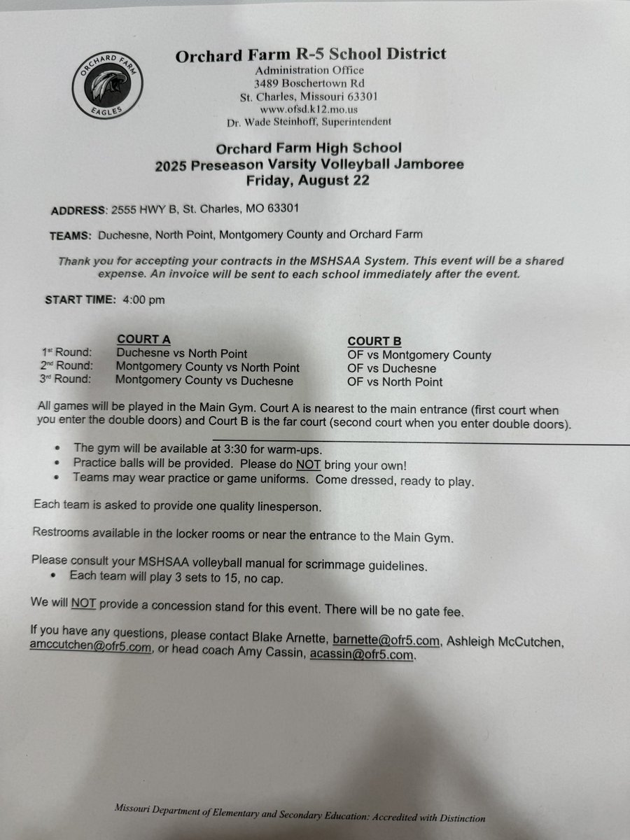 🚨🏐JAMBOREE🏐🚨
When: Friday, August 22nd
Where: OFHS Main Gym 
Time: 4:00 

Come support your Volleyball Eagles, Softball Eagles and Football Eagles ALL at home on Friday! 🦅 <a href="/OFR5_Activities/">Orchard Farm R-V Activities</a>