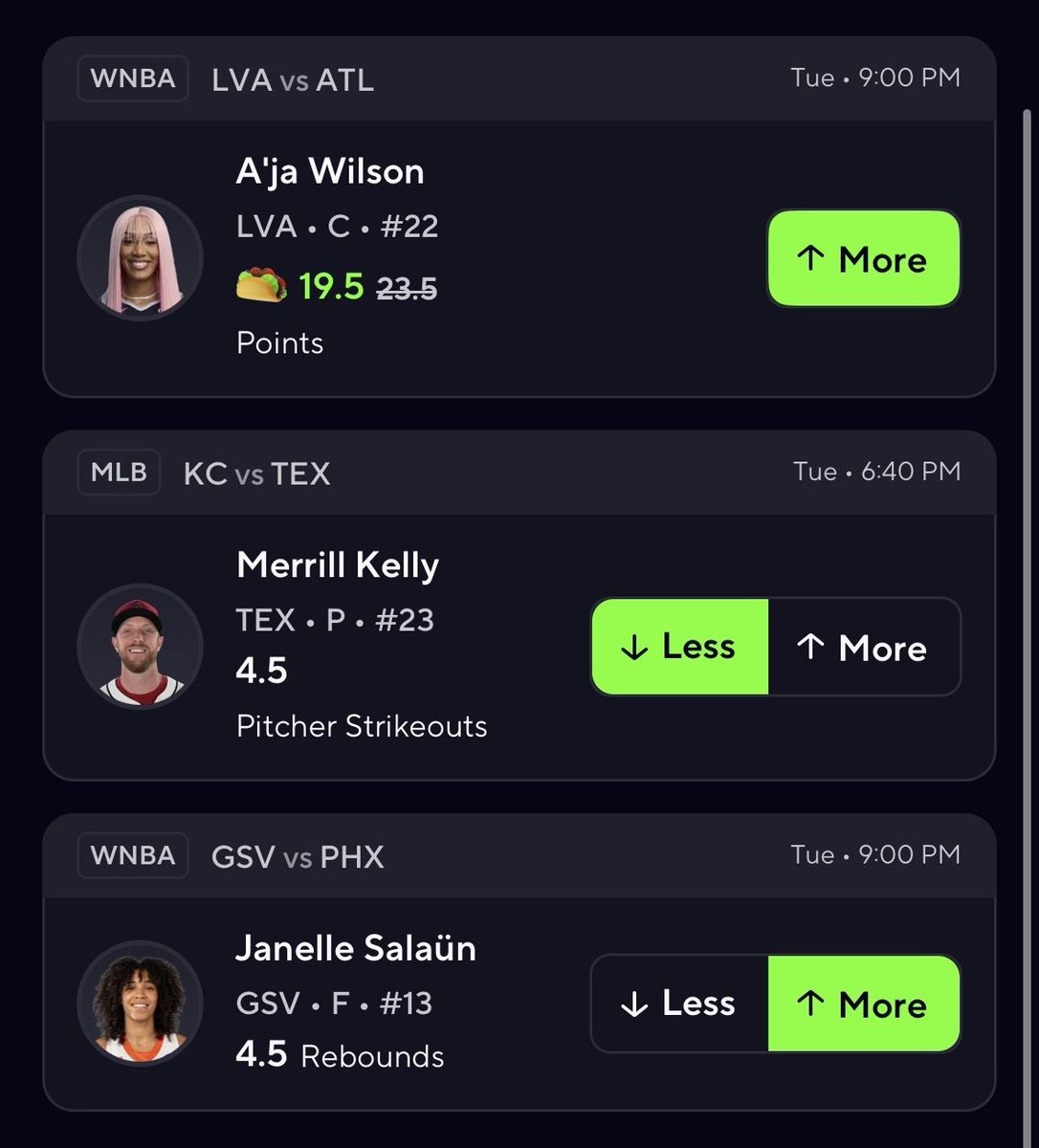 billhpicks's tweet photo. Prize Picks Taco Tuesday🌮

VIP Sneak Peak👀

A'ja Wilson Over 19.5 Points
Merrill Kelly Under 4.5 Strikeouts
Janelle Salaun Over 4.5 Rebounds

Alternate: Gabby Williams O10.5 points

🚨Want More Free Plays🚨

Join Our 20k+ Discord⬇️
https://t.co/bvbcAHeNef https://t.co/LprCIJkYYG