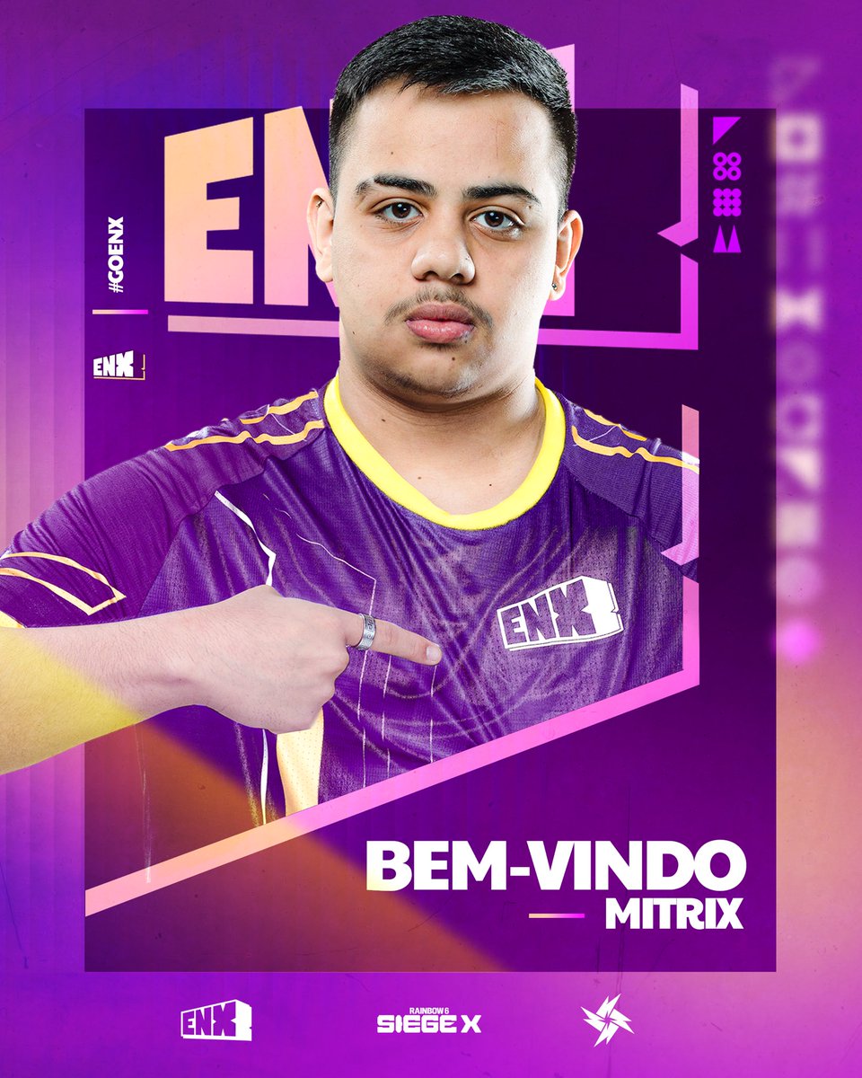 ENXteam's tweet image. Nosso time está completo para a segunda temporada! 

Vamos dar as boas-vindas ao @mitrix_R6, o novo integrante da família ENX R6

Ele chega para a sequência da SAL 2025 - Stage 2

Seja bem-vindo! 🟣🟡

#goenx