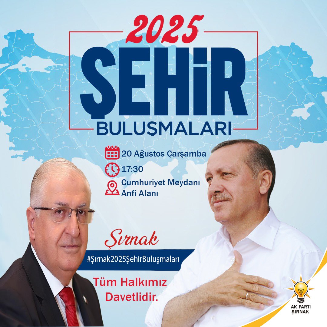 idilakparti's tweet photo. 2025 Şehir Buluşmaları programı kapsamında Milli Savunma Bakanımız Sayın Yaşar Güler’i Şırnak’ta ağırlayacağız.
20 Ağustos Çarşamba Günü saat 17:30’da Şırnak Cumhuriyet Meydanı Anfi Meydanı’nda gerçekleştireceğimiz halk buluşmasına tüm hemşerilerimiz davetlidir. https://t.co/IsdXJIKkIe