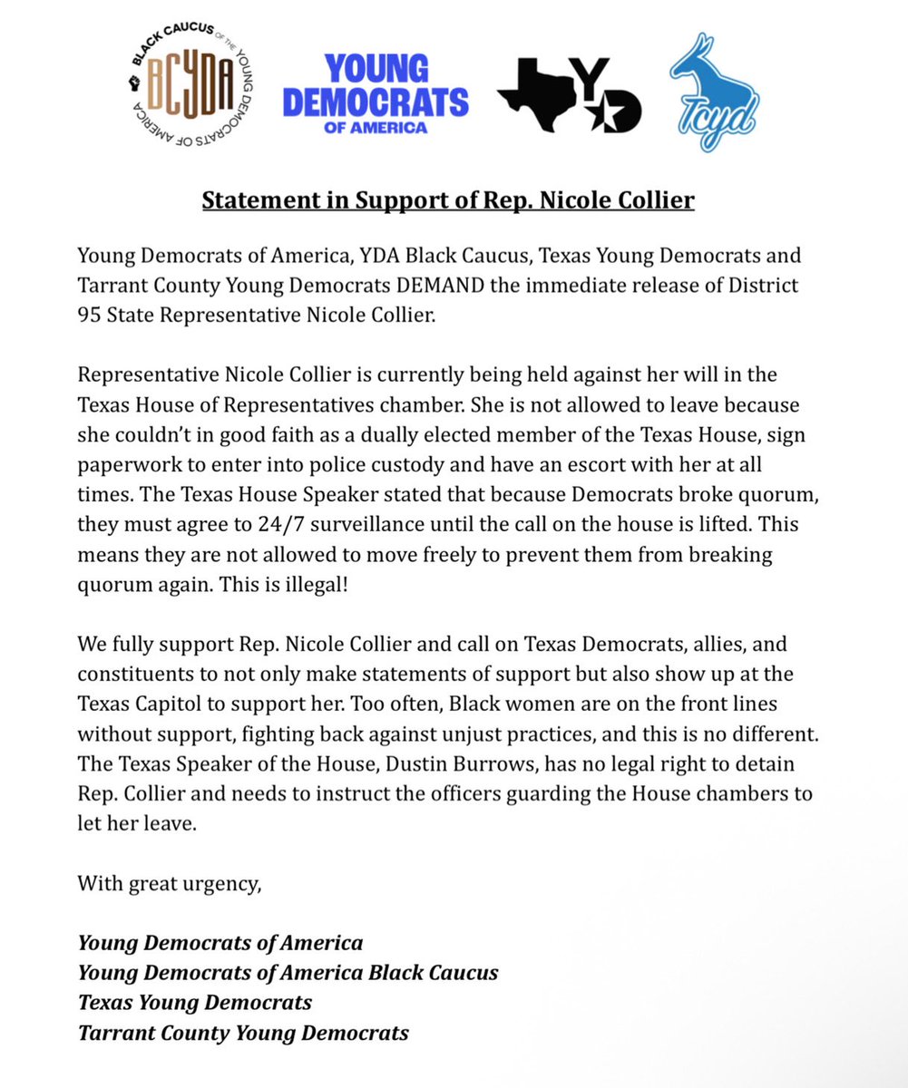 Black Caucus of Young Democrats of America (@theblackyda) on Twitter photo FOR IMMEDIATE RELEASE:
<a href="/youngdems/">Young Democrats of America</a> , YDA Black Caucus, <a href="/texasyds/">Texas Young Democrats</a>, and <a href="/tarrantcountyYD/">tarrantcountyYD</a> DEMAND the immediate release of District
95 State Representative Nicole Collier FOR IMMEDIATE RELEASE:
<a href="/youngdems/">Young Democrats of America</a> , YDA Black Caucus, <a href="/texasyds/">Texas Young Democrats</a>, and <a href="/tarrantcountyYD/">tarrantcountyYD</a> DEMAND the immediate release of District
95 State Representative Nicole Collier