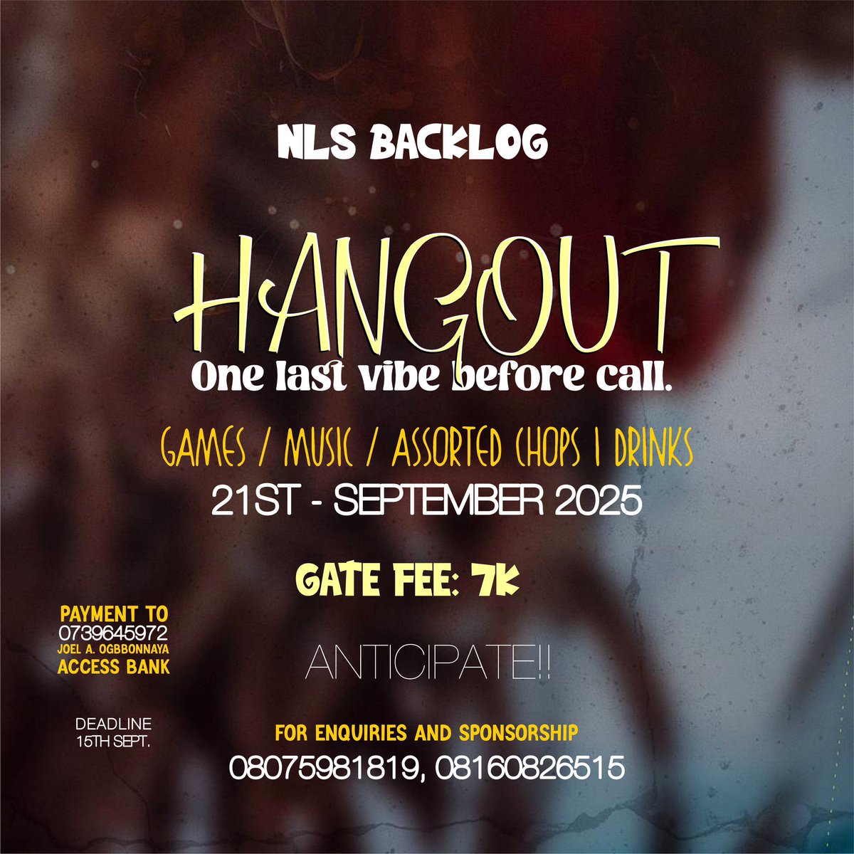 Heyy guys, 

We’ve put together a fun filled event to hangout, gist, play games and make merry.
Don’t miss it!!🫵🏽🤭
Link to register: forms.gle/CucijjzyFDg2B7…