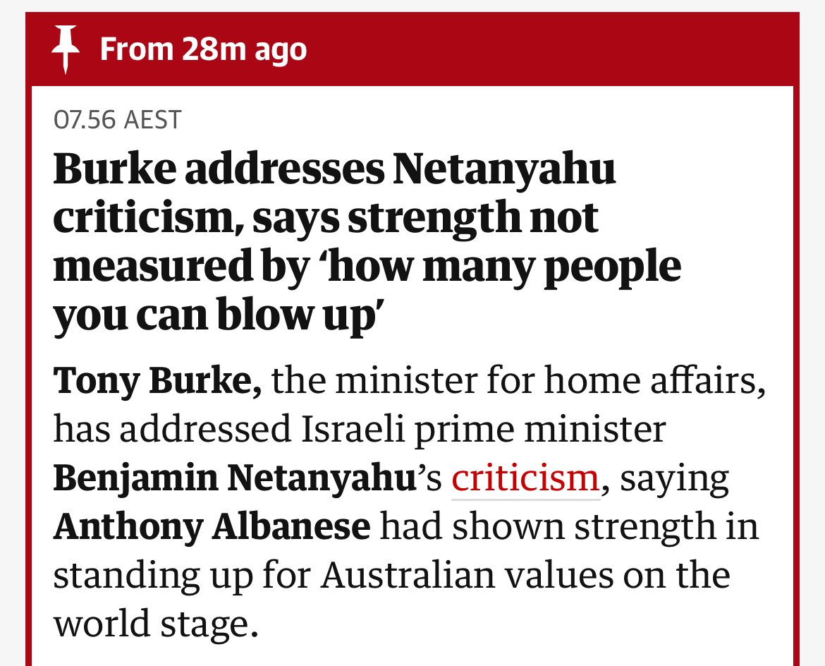 What a clap back by Tony Burke to the world's biggest terrorist, Crime Minister Netanyahu. 👏🏼 

"Strength is not measured by how many people you can blow up, or how many children you can leave hungry."

Damn right!