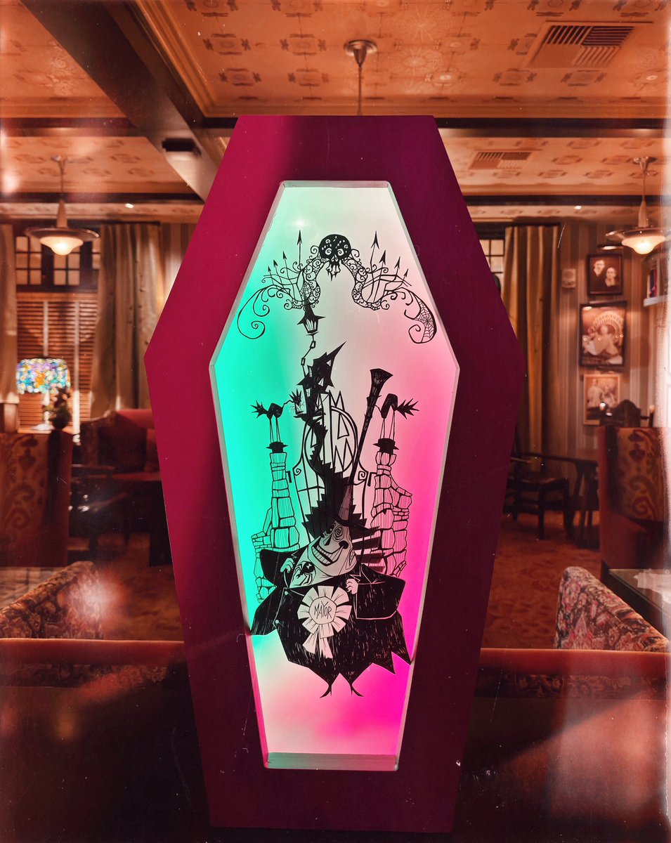 I’m seeing photos “creep in” of the new Halloween decor at Club 1901 - which I had the honor of designing! 🎃 One of my favorite pieces from the package are these layered “shadow-coffins,” each featuring different TNBC characters. (This one has my personal fav: The Mayor!)
