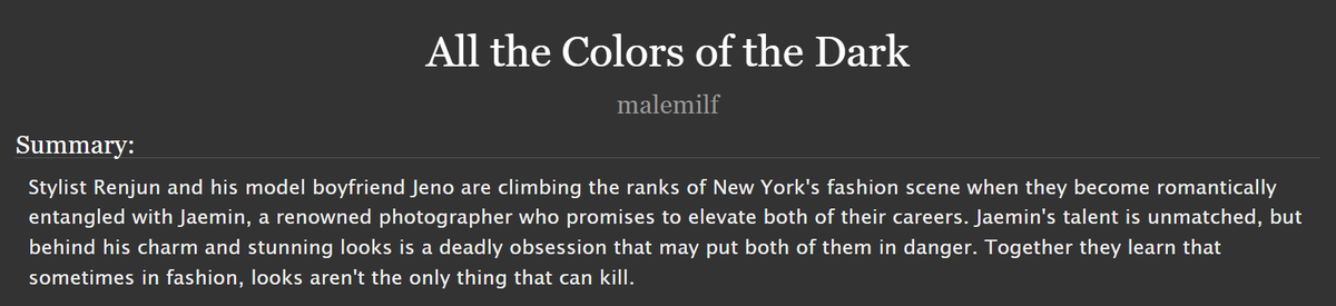 MaleMilfAO3's tweet photo. All the Colors of the Dark

📸 Renjun/Jeno/Jaemin focus for @neopolitanfest r2
📸 Rated Explicit
📸 Thriller (w sex, MCD, &amp; violence😅)
📸 Top Renjun, Switch Jeno &amp; Jaemin
📸 7.7k words (complete!)

🔗 - https://t.co/HJx8NNi3PB https://t.co/WrL5ldwBHL