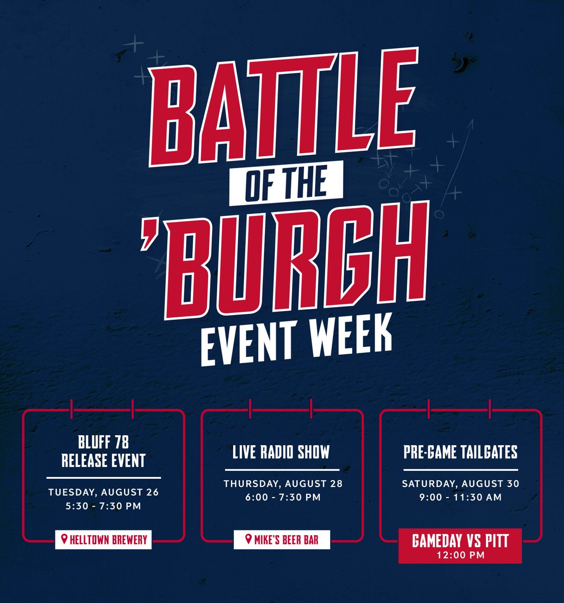 Duquesne Athletics (@goduquesne) on Twitter photo ๐๐ฎ๐๐๐น๐ฒ ๐ผ๐ณ ๐๐ต๐ฒ โ๐๐๐ฟ๐ด๐ต ๐๐๐ฒ๐ป๐ ๐ช๐ฒ๐ฒ๐ธ ๐
๐ป Bluff 78 Release Event at Helltown Brewery in the Strip District.
๐๏ธ Live radio show with head coach Jerry Schmitt at Mikeโs Beer Bar.
๐ <a href="/DuqFB/">Duquesne Football</a> takes on Pitt at Acrisure Stadium to start the season.
#GoDukes ๐๐ฎ๐๐๐น๐ฒ ๐ผ๐ณ ๐๐ต๐ฒ โ๐๐๐ฟ๐ด๐ต ๐๐๐ฒ๐ป๐ ๐ช๐ฒ๐ฒ๐ธ ๐
๐ป Bluff 78 Release Event at Helltown Brewery in the Strip District.
๐๏ธ Live radio show with head coach Jerry Schmitt at Mikeโs Beer Bar.
๐ <a href="/DuqFB/">Duquesne Football</a> takes on Pitt at Acrisure Stadium to start the season.
#GoDukes