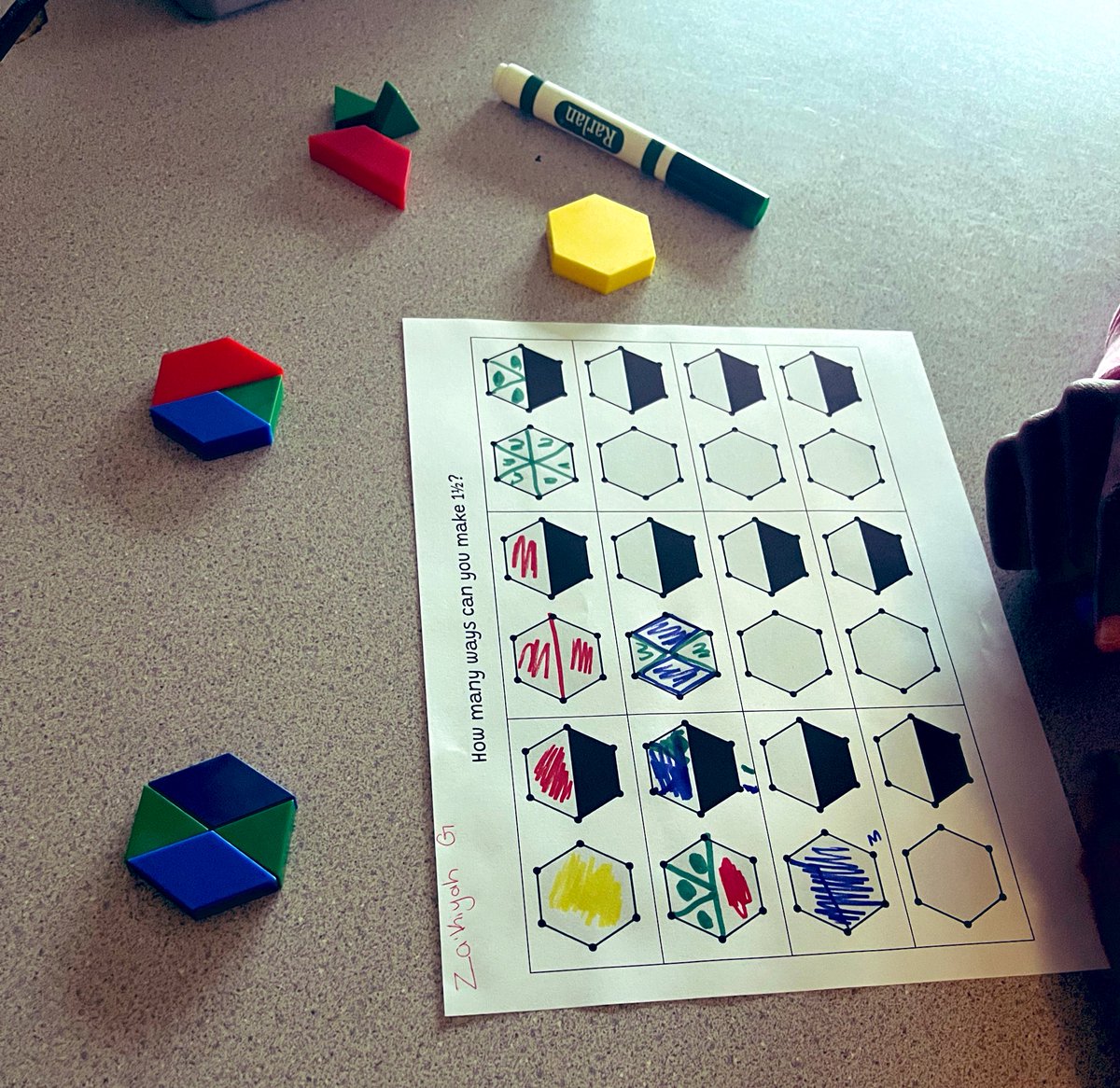 MsAmis_Math's tweet image. Day 2 started with my mathlete intervention group working on creating 1 1/2 as many ways as possible using pattern blocks #closinggaps 
@ElkoMiddle