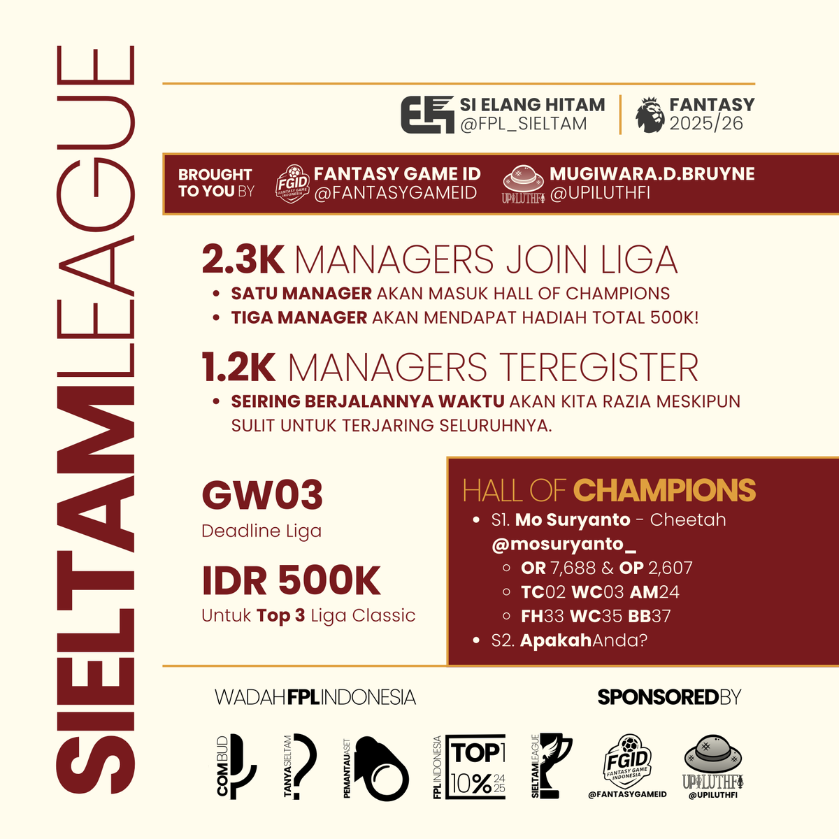 FPL_sieltam's tweet photo. 🦅 Si Elang Hitam - @FPL_sieltam League S2

💰 Disponsori oleh @FantasyGameID @upiLuthfi

🔢 2.3K -> total peserta liga dari website FPL
✅ 1.2K -> total reply dari poster liga

⌛️ DEADLINE GW03 untuk registrasi secara benar.

🚨 Elang siap penertiban!

#FPL
#FPLIndonesia 🇮🇩 https://t.co/2hMntRP572