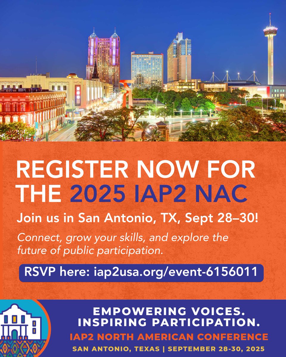 The 2025 IAP2 North American Conference in San Antonio is almost here! 🎉

On Sept 28–30, join leaders in public participation for hands-on sessions, networking, and skill-building. Connect and be inspired by peers from across the continent.

RSVP here: iap2usa.org/event-6156011
