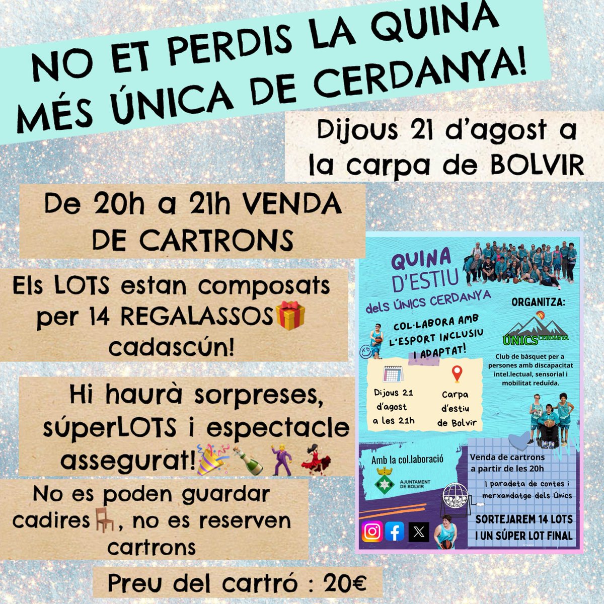 Us esperem a la QUINA més ÚNICS de la comarca, on tindrem centenars  de regals i espectacle assegurat! Col.labora amb l’esport inclusiu i adaptat !