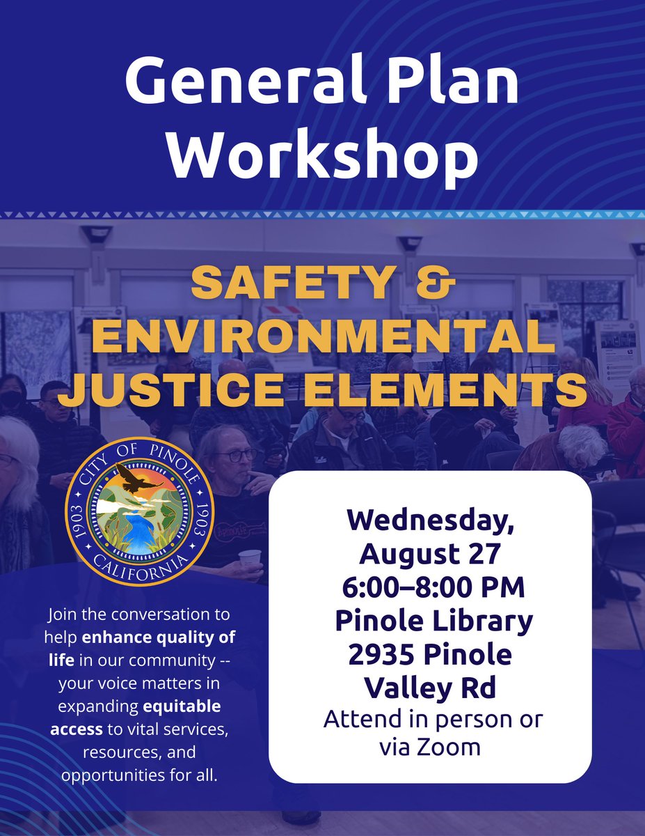 Join us Wednesday, August 27th, 6 – 8PM at the Pinole Library for a workshop!💻 Hybrid: In-person + Zoom
Let’s work together to advance equity, safety &amp; resilience in Pinole! For details or to RSVP, email dhanham@pinole.gov or call (510) 724-9842. #GeneralPlan #CityofPinole