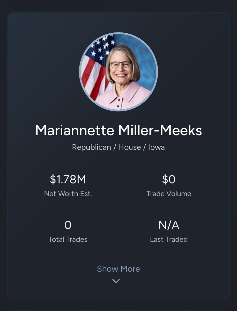 <a href="/RepMMM/">Rep. Mariannette Miller-Meeks, M.D.</a> Worth 1.78 M

Can’t even tip 20% lol