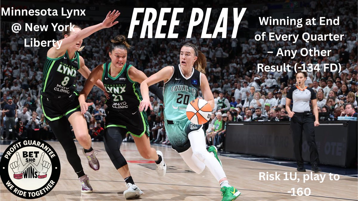 🚨WNBA FREE PLAY ALERT🚨

🏀 Winning at End of Every Quarter -- Any Other Result
🏀Lynx vs Liberty
🔢-134 FanDuel, play to -160
💵Risk 1U

Under the popular tab on FanDuel. A favorite bet type for us over in Bet She Wins premium!