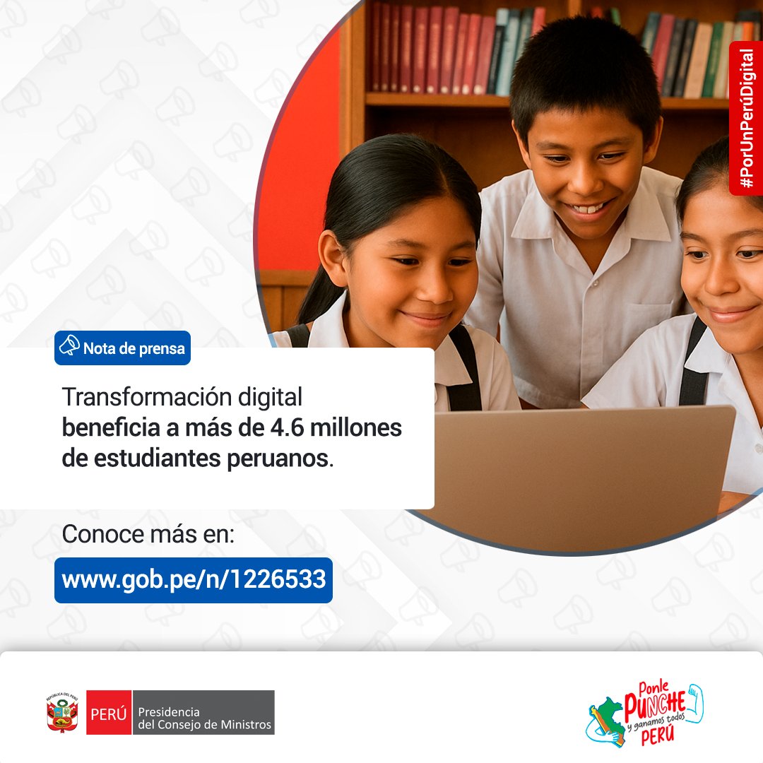 Secretaría de Gobierno y Transformación Digital (@perupaisdigital) on Twitter photo 💻El <a href="/MineduPeru/">Ministerio de Educación</a> impulsa un ambicioso plan de conectividad e innovación tecnológica en las escuelas públicas del país.
🚀 Gracias a esta estrategia, más de 4.6 millones de estudiantes ya acceden a internet y soluciones digitales que fortalecen su aprendizaje y ayudan a cerrar 💻El <a href="/MineduPeru/">Ministerio de Educación</a> impulsa un ambicioso plan de conectividad e innovación tecnológica en las escuelas públicas del país.
🚀 Gracias a esta estrategia, más de 4.6 millones de estudiantes ya acceden a internet y soluciones digitales que fortalecen su aprendizaje y ayudan a cerrar