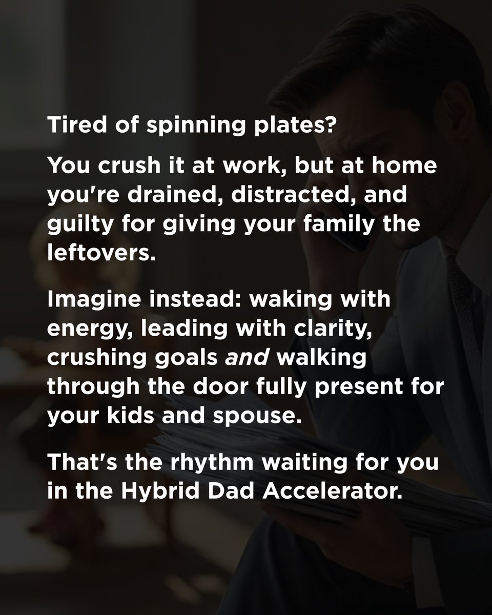 Tobi Emonts-Holley (@tobi_emonts) on Twitter photo Most dads are silently drowning.
Crushing it at work but running on fumes at home.
Building success, but questioning their legacy.
You can eliminate the chaos, lead with clarity at work, be fully present at home, and get jacked in the process.
17 men have already signed up ⬇️ Most dads are silently drowning.
Crushing it at work but running on fumes at home.
Building success, but questioning their legacy.
You can eliminate the chaos, lead with clarity at work, be fully present at home, and get jacked in the process.
17 men have already signed up ⬇️