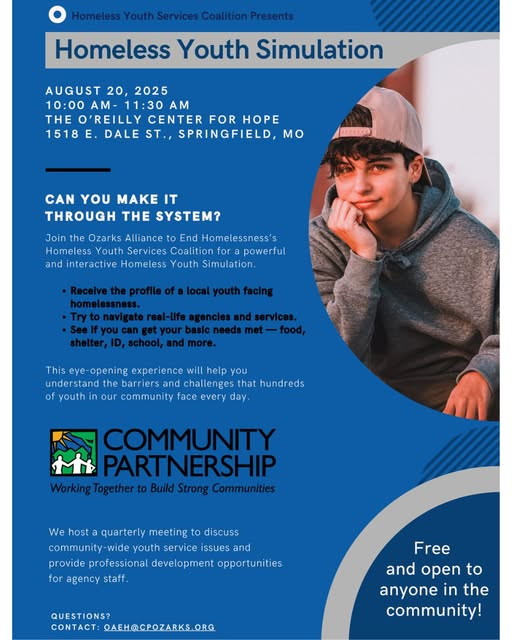 𝗙𝗥𝗘𝗘 Homeless Youth Simulation 🏠
Experience the daily challenges faced by homeless youth + build empathy for change.
🗓 TOMORROW, Aug 20 | 🕙 10–11:30 AM
📍 O’Reilly Center for Hope, SGF
🔗 cpozarks.org/.../ozarks-all…

#CPOzarks #ResilientChildren