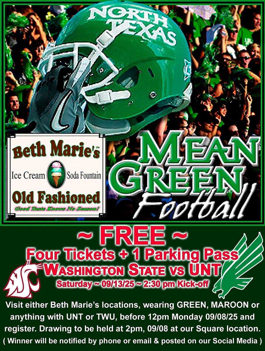 UNT Football is starting back up and Beth Marie's is giving away 4 tickets and 1 parking pass! Come in before Monday (09/08/25) wearing your UNT or TWU colors and put your name in to win tickets for the UNT vs. Washington State Game on 09/13/25. Go Mean Green!
#bethmaries