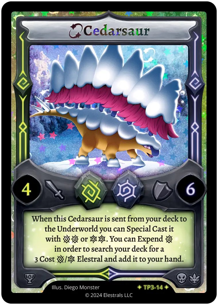 Estuve a cargo de crear el arte para las cartas de Polarachne y Stellar Cedarsaur para <a href="/Elestrals/">Elestrals</a> 🌨️☃️