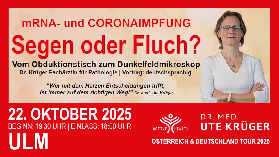 KrasserGuru's tweet photo. Vortrag
mRNA & Coronaimpfung – SEGEN oder FLUCH? 💉🦠
Vom Obduktionstisch zum Dunkelfeldmikroskop

Dr. Krüger ist Fachärztin für Pathologie mit 25-jähriger Berufserfahrung (Pathologie = Lehre von Krankheiten). Aufgrund der dramatischen Ergebnisse ihrer Untersuchungen in der C-Krise versucht sie die Öffentlichkeit vor mRNA-Impfungen, die ja auch bald unseren Kindern verabreicht werden sollen, zu warnen.

Dr. Krüger hat den Begriff „Turbokrebs“ geprägt. Sie hat die im August 2024 erschienene wissenschaftliche Dokumentation „Geimpft – Gestorben“ zusammengestellt. Es ist der bisher WELTWEIT EINZIGE Histologie-Atlas zu diesem Thema. In diesem Buch finden sich die Ergebnisse von Prof. Arne Burkhardts Gewebsuntersuchungen. Er konnte mit seinem Pathologen-Kollegen Prof. Walter Lang in der Mehrzahl der Fälle zweifelsfrei die Zusammenhänge zwischen der mRNA-Impfung gegen Covid19 und den in der Folge auftretenden Todesfällen rekonstruieren. Das Buch kann vor Ort erworben werden.

Frau Dr. Krüger folgt nun dem Ruf ihres Herzens, in ganzheitlicher Praxis in Schweden. Das Dunkelfeldmikroskop ist ihr täglicher Begleiter.

Sollten sich derartige Ergebnisse in zeitlichem Zusammenhang mit der Corona-Impfung auch bei anderen Todesopfern dokumentieren lassen, könnte man von einer der größten medizinischen Katastrophen aller Zeiten sprechen.
Dr. med. Ute Krüger

Wir freuen uns auf Sie!

👉 13. Oktober, #LANDSHUT
👉 20. Oktober, #MEMMINGEN
👉 21. Oktober, #METZINGEN
👉 22. Oktober, #ULM
👉 24. Oktober, #HENGERSBERG
👉 25. Oktober, #NÜRNBERG
👉 26. Oktober, #BAYREUTH
👉 27. Oktober, #AMBERG

TICKETS ➡️ https://t.co/lcAukaMFfB

powered by KRASSER GURU ✨

#mRNA #Coronaimpfung #Dunkelfeldmikroskop #Turbokrebs #KRASSERGURU
