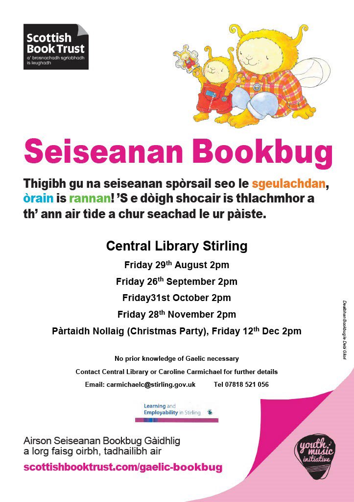 Tha seiseanan Bookbug sa Ghàidhlig a' ruith san leabharlann. Tuilleadh fiosrachaidh air a' phostair! | Gaelic Bookbug sessions are available at the library too. More details on the attached poster!

#Cleachdi