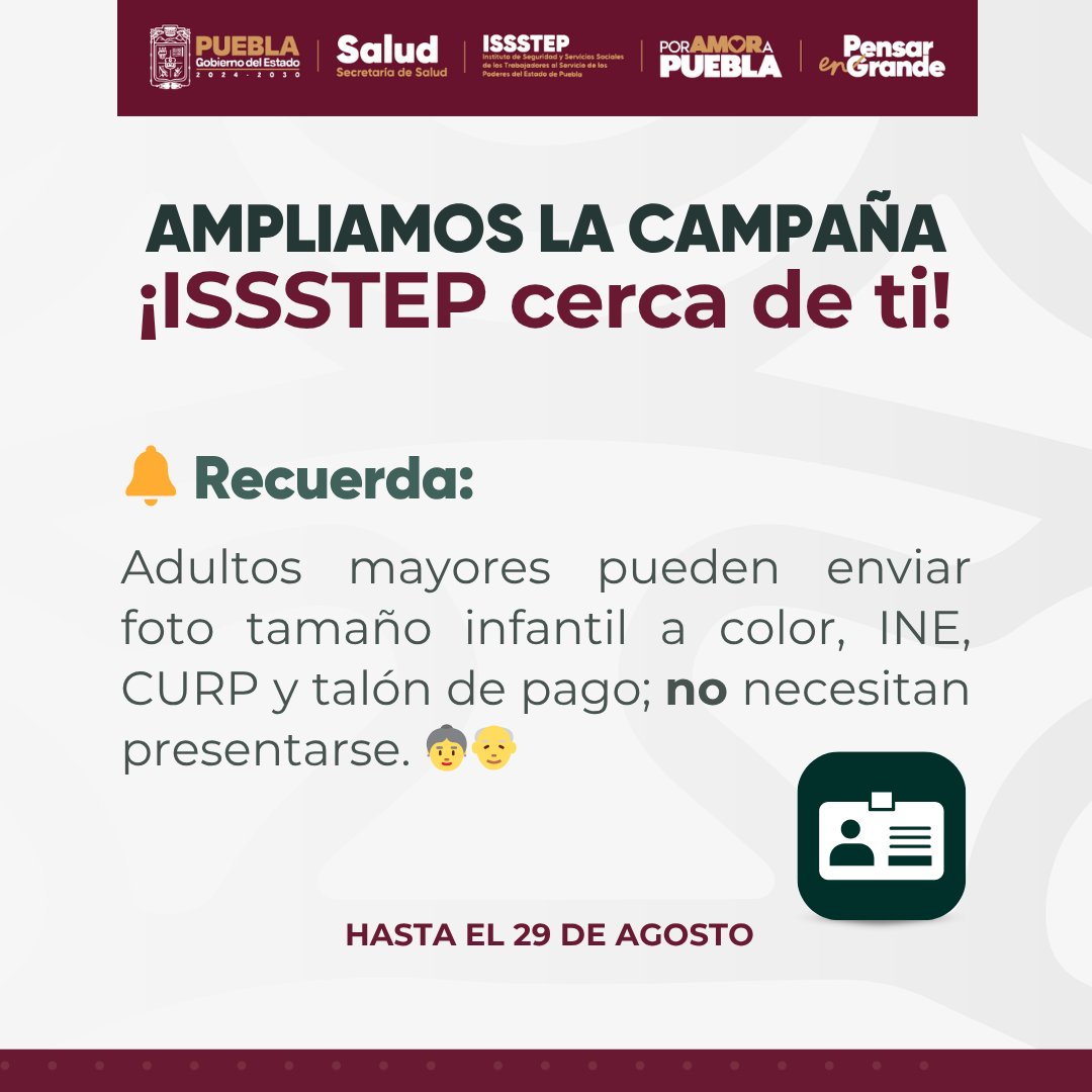 En ISSSTEP realizamos trámites de credencialización sin que las personas adultas   mayores tengan que acudir personalmente.
 ✅ Puede enviar a un familiar con la documentación requerida.
    <a href="/Gob_Puebla/">Gobierno de Puebla</a>
    #PorAmorAPuebla #PensarEnGrande