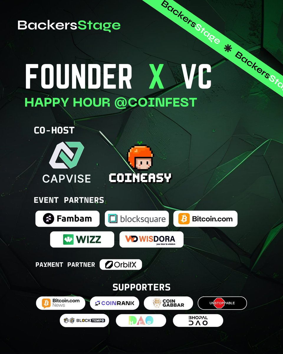 We’re hosting an exclusive Founder x VC Happy Hour at Coinfest Asia 2025

Top founders, investors, and builders under one roof 🌴

Big shoutout to our amazing co-hosts 
<a href="/capviseofficial/">Capvise Group</a> &amp; <a href="/Coiniseasy/">CoinEasy | Web3 Simplified</a>

Event Partners: 
<a href="/Fambam_com/">Fambam</a>
<a href="/blocksquare_io/">Blocksquare</a> <a href="/bitcoinnews/"></a>
<a href="/WizzHQ/">Wizz</a> @