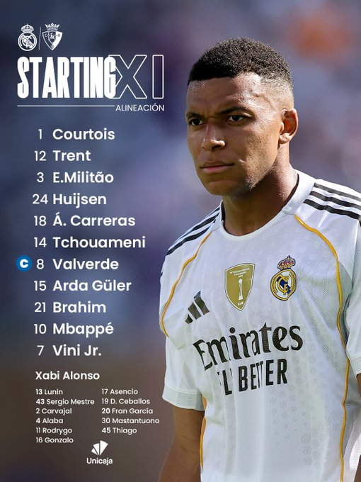 Los 11 elegidos por Xabi Alonso para el debut en Liga del Real Madrid ante Osasuna. Mastantuono en el banco esperando para debutar.