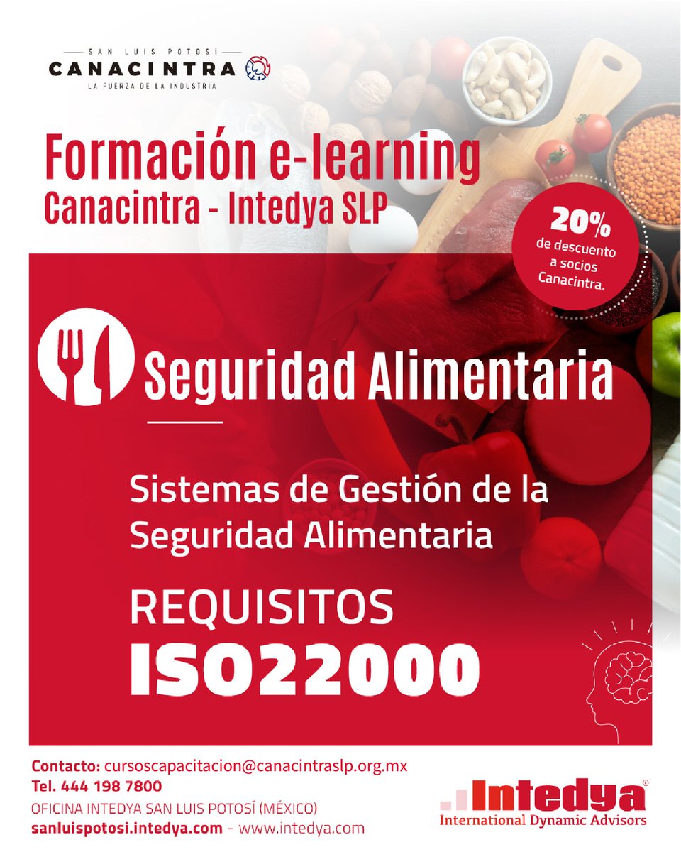 En colaboración con INTEDYA: Taller en línea sobre Seguridad Alimentaria. Incluye requisitos ISO 22000

Pregunta por los descuentos especiales para Socios CANACINTRA.

Más información: cursoscapacitacion@canacintraslp.org.mx o al 4441987800