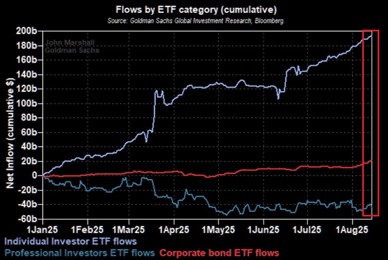 The divide between individual and professional investors has been historic: 

Individual investors have poured a net +$190 billion into equity ETFs YTD, according to Goldman Sachs. 

Net inflows accelerated in March and have since been twice as high as in the first part of the