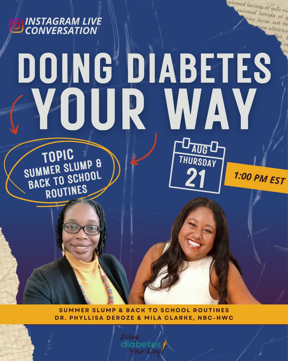 Summer slump? Back-to-school chaos?

Join us on IG Live this Thursday (8/21 at 1 PM EST) with Mila + Phyllisa to chat:
✔️ Resetting routines
✔️ 504 plans
✔️ Phones as medical devices
✔️ Finding your flow again 💙

#DDYWLive #DiabetesSupport #504Plan #T1DLife