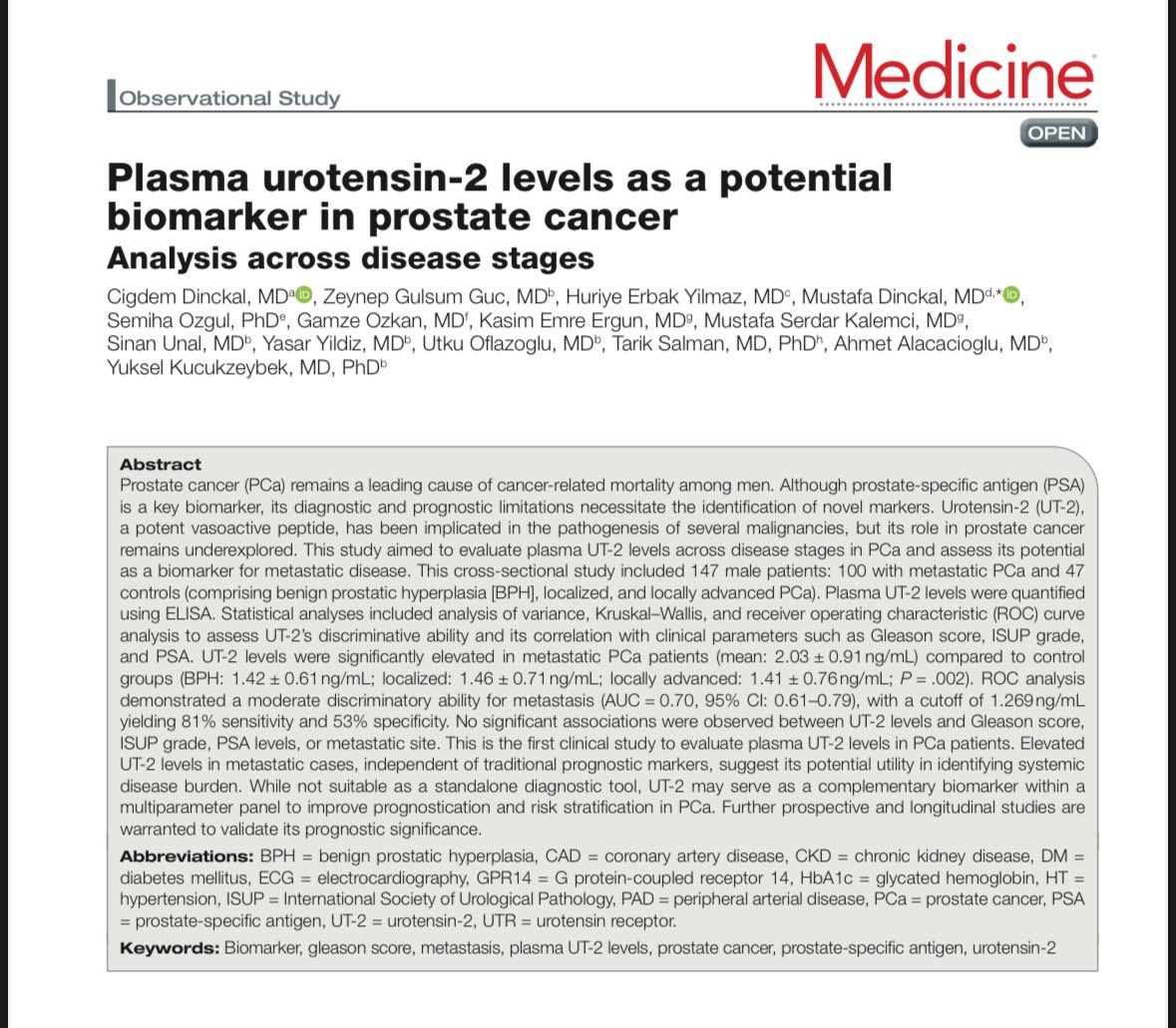 DinckalMD's tweet photo. 🧬 Thrilled to share our new study published in Medicine!

🎯 Our study reveals that plasma UT-2 levels are significantly elevated in metastatic prostate cancer patients - a potential new biomarker for identifying cancer spread. https://t.co/Fn4IMruQFT