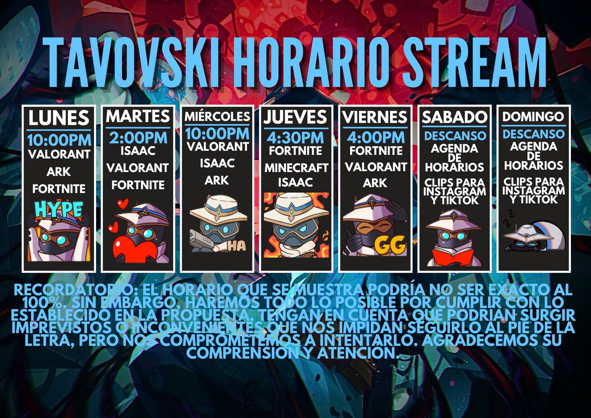 Tavovski's tweet photo. Buenas mi gente, les comparto el horario de la semana (ayer olvidé subirlo jaja), en unos 40 minutos andaré prendiendo stream (2pm PE) hoy me dieron ganas de jugar Rainbow Six con unos amigos, así que los espero ahí! https://t.co/Zn1g7vr42e