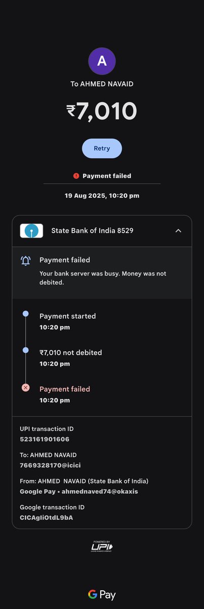 Navaid Khan 🇮🇳 (@navaid1606) on Twitter photo I have made the transaction at 10:20 pm today. Money got deducted from my account but did not credited to the other. Please resolve this ASAP. This is very pathetic. I need the money on urgent basis <a href="/TheOfficialSBI/">State Bank of India</a> <a href="/OfficialSBICare/">SBI Cares</a> <a href="/GooglePayIndia/">Google Pay India</a> <a href="/GooglePay/">Google Pay</a> I have made the transaction at 10:20 pm today. Money got deducted from my account but did not credited to the other. Please resolve this ASAP. This is very pathetic. I need the money on urgent basis <a href="/TheOfficialSBI/">State Bank of India</a> <a href="/OfficialSBICare/">SBI Cares</a> <a href="/GooglePayIndia/">Google Pay India</a> <a href="/GooglePay/">Google Pay</a>