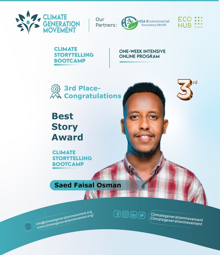 ClimateGenMove's tweet image. Congratulations to Saed Faisal for securing 3rd Place in the Best Story Award at the Climate Storytelling Bootcamp, organized by Climate Generation Movement!