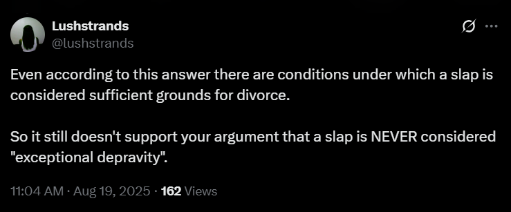 lushstrands's tweet photo. @OleHas44717 @LukeUdobiDim @KIM_brly @AlayeDoreen @JulietRukevwe @skinnyniggr @grok When did I claim that he said slaps aren't extreme??? 

This entire discourse is about a single slap. How many slaps do you think are needed for a woman to feel unsafe? https://t.co/EBagL44ms5