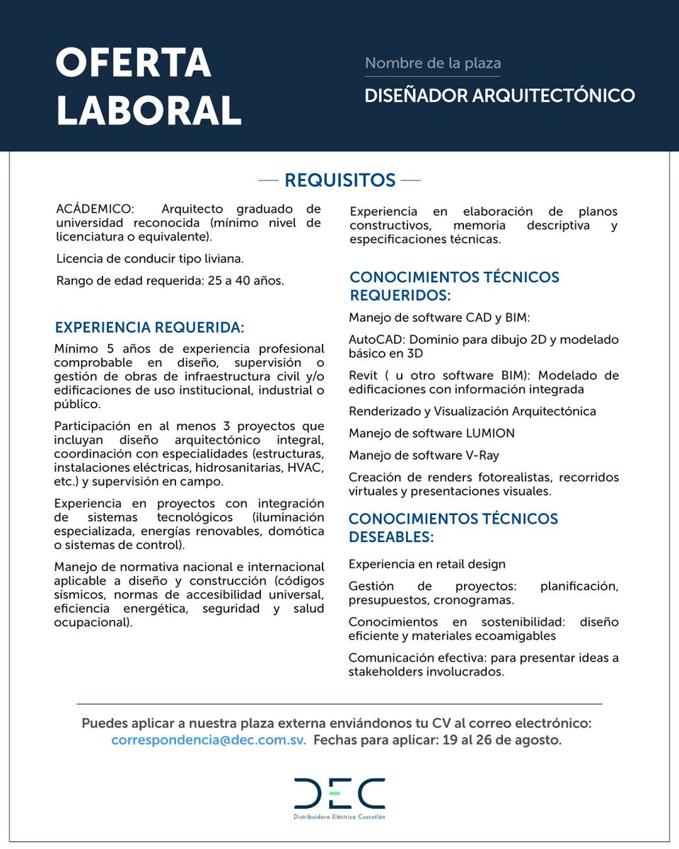 CEL_ElSalvador's tweet photo. ¡Oportunidad laboral disponible! 🔍

Distribuidora Eléctrica Cuscatlán busca talento humano para unirse a su equipo. Si cumples con los requisitos, aplica enviando tu hoja de vida desde el 19 al 26 de agosto de 2025. 📆 https://t.co/WgsAo9ZxvN