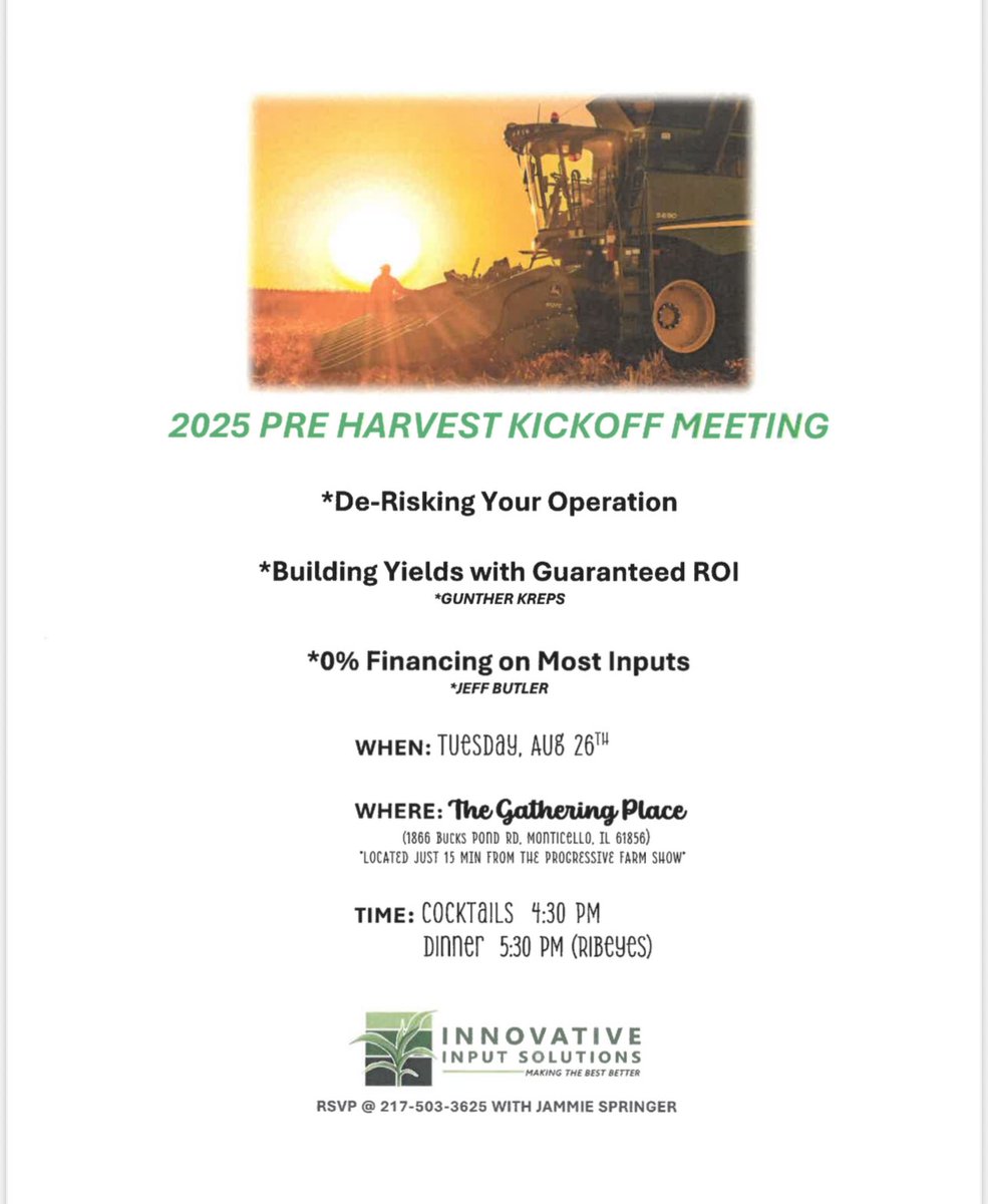 IIS_ag's tweet photo. Join us Tuesday August 26th for our 2025 Pre Harvest Kickoff Meeting!
     - Just 20 min from Farm Progress Show
     -  Drinks and Dinner provided https://t.co/DtnVWQ6eak